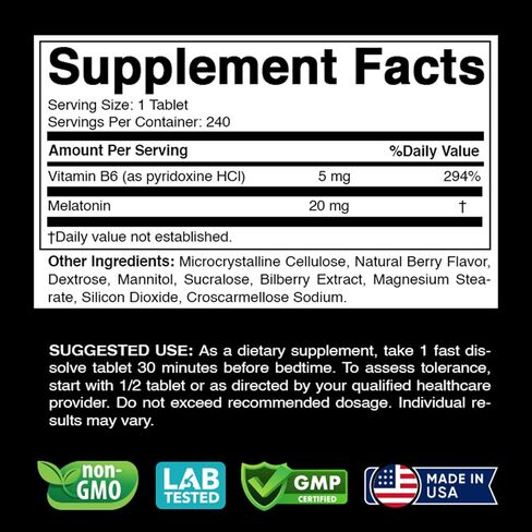 Vitabod Melatonin 20mg - 240 Fast Dissolve Tablets - Drug Free - Natural Berry Flavor - Vegetarian, Non-GMO, Gluten Free in Kuwait