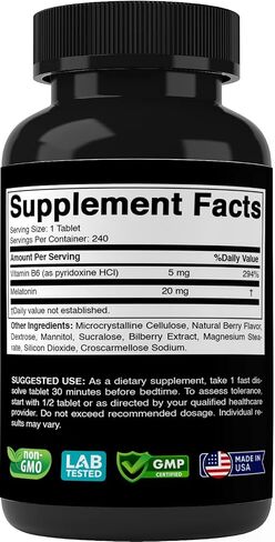 Vitabod Melatonin 20mg - 240 Fast Dissolve Tablets - Drug Free - Natural Berry Flavor - Vegetarian, Non-GMO, Gluten Free in Kuwait