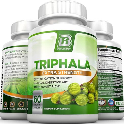 BRI Nutrition Triphala - 1000 مجم نباتي هيمالايا تريفالا مستخلص نقي زائد - كمية تكفي 60 يومًا - 120 قيراط من كبسولات السليلوز النباتية in Kuwait