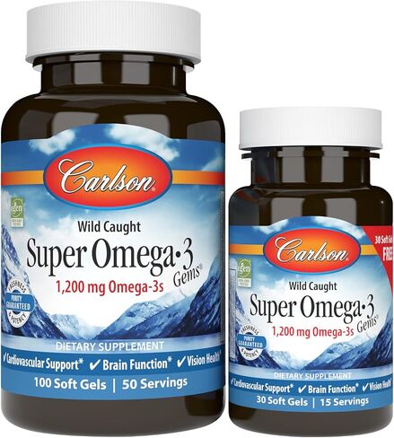 Carlson - Super Omega-3 Gems, 1200 mg Omega-3 Fatty Acids with EPA and DHA, Wild-Caught Norwegian Fish Oil Omega 3 Supplement, Sustainably Sourced Omega 3 Fish Oil, 100+30 Softgels in Saudi Arabia