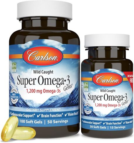 Carlson - Super Omega-3 Gems, 1200 mg Omega-3 Fatty Acids with EPA and DHA, Wild-Caught Norwegian Fish Oil Omega 3 Supplement, Sustainably Sourced Omega 3 Fish Oil, 100+30 Softgels in Saudi Arabia