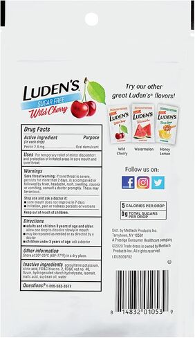 Luden's Sugar Free Wild Cherry Throat Drops, Sore Throat Relief, 25 Count (12 Pack) in Kuwait