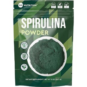 360 Nutrition Spirulina Powder, Vitamin A, B Vitamins, Iron, Protein & Amino Acids, Vegan, Non GMO, for Caffeine Free Energy, Digestive Health, and Immune Support, 6g Plant Based Protein, 2 oz in Kuwait
