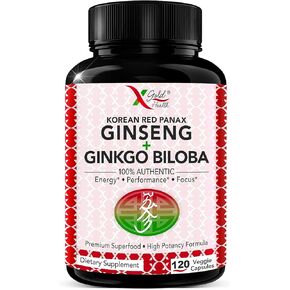 Korean Red Panax Ginseng 1200mg + Ginkgo Biloba - Extra Strength Root Extract Powder Supplement w/High Ginsenosides Vegan Capsules for Energy, Performance & Focus - Supplement for Men & Women