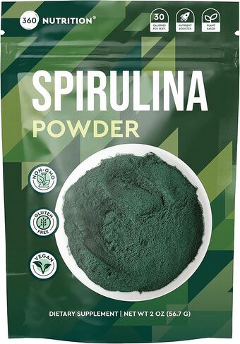 360 Nutrition Spirulina Powder, Vitamin A, B Vitamins, Iron, Protein & Amino Acids, Vegan, Non GMO, for Caffeine Free Energy, Digestive Health, and Immune Support, 6g Plant Based Protein, 2 oz in Kuwait