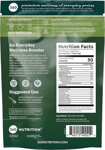 360 Nutrition Spirulina Powder, Vitamin A, B Vitamins, Iron, Protein & Amino Acids, Vegan, Non GMO, for Caffeine Free Energy, Digestive Health, and Immune Support, 6g Plant Based Protein, 2 oz in Kuwait