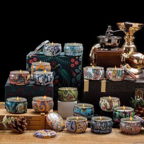 مجموعة مكونة من 16 شمعة معطرة صغيرة من شمع الصويا للعلاج العطري بوزن 2.5 أونصة، شموع من الصفيح المحمولة مع غطاء، وسلة هدايا للاسترخاء للأم والنساء والأصدقاء وزملاء العمل in Kuwait