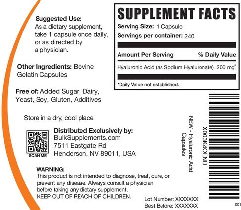 BULKSUPPLEMENTS.COM Hyaluronic Acid Capsules - Hyaluronic Acid Supplements - Hyaluronic Acid 200mg - Hyaluronic Acid Pure - Hyaluronic Acid Pills - 1 Capsule per Serving (240 Capsules) White in Saudi Arabia