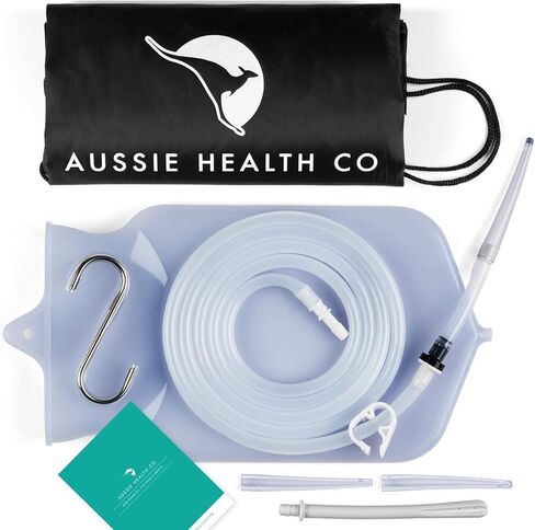 مجموعة حقيبة حقنة شرجية من السيليكون غير السامة من شركة Aussie Health Co - سعة 2 لتر لتنظيف القولون بالماء والقهوة - خالية من البيسفينول والفثالات - خرطوم بطول 6.5 قدم، 3 أطراف، مشبك قوي، فوهة إضافية ودليل تعليمات in Kuwait