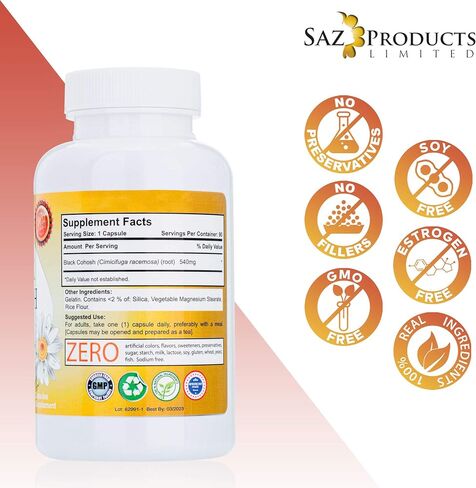 كبسولات كوهوش السوداء ذات الجذر الكامل المحدودة من Saz Products - كبسولات 540 مجم - كمية تكفي لمدة 90 يومًا in Saudi Arabia