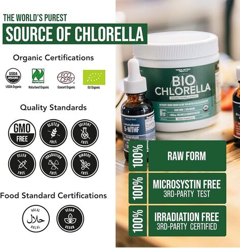 مسحوق الكلوريلا العضوي من Triquetra Health - 4 شهادات عضوية، شكل خام ونما تحت الشمس - أفضل مصدر مضمون للكلوريلا، الحد الأقصى من المغذيات ومستويات CGF (عامل نمو الكلوريلا) - 75 حصة in Saudi Arabia