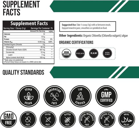 مسحوق الكلوريلا العضوي من Triquetra Health - 4 شهادات عضوية، شكل خام ونما تحت الشمس - أفضل مصدر مضمون للكلوريلا، الحد الأقصى من المغذيات ومستويات CGF (عامل نمو الكلوريلا) - 75 حصة in Saudi Arabia