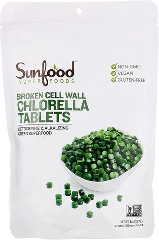 Sunfood Chlorella Tablets | Chlorophyll Rich | Broken Cell Wall | Blue Green Algae Superfood | Organic & Non GMO | Natural Vegan Protein | 100% Pure | Bulk 8 oz Bag| 912 Tablets | 250 mg Chlorella per Tablet in Kuwait