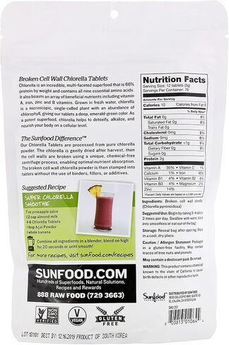 Sunfood Chlorella Tablets | Chlorophyll Rich | Broken Cell Wall | Blue Green Algae Superfood | Organic & Non GMO | Natural Vegan Protein | 100% Pure | Bulk 8 oz Bag| 912 Tablets | 250 mg Chlorella per Tablet in Kuwait