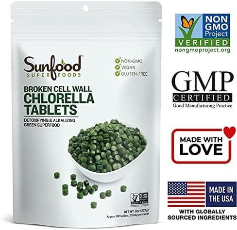 Sunfood Chlorella Tablets | Chlorophyll Rich | Broken Cell Wall | Blue Green Algae Superfood | Organic & Non GMO | Natural Vegan Protein | 100% Pure | Bulk 8 oz Bag| 912 Tablets | 250 mg Chlorella per Tablet in Kuwait
