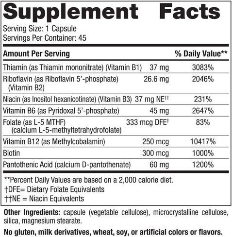 Nordic Naturals Vitamin B Complex - 45 Capsules - Thiamine, Riboflavin, Niacin, Vitamin B6 & B12, Folate, Biotin, Pantothenic Acid - Heart & Brain Health, Energy, Metabolism - Non-GMO - 45 Servings in Saudi Arabia