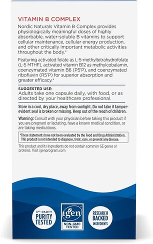 Nordic Naturals Vitamin B Complex - 45 Capsules - Thiamine, Riboflavin, Niacin, Vitamin B6 & B12, Folate, Biotin, Pantothenic Acid - Heart & Brain Health, Energy, Metabolism - Non-GMO - 45 Servings in Saudi Arabia