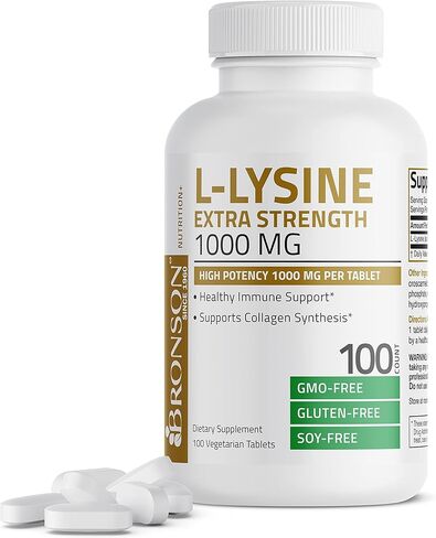 Bronson L-Lysine قوة إضافية 1000 ملغ لكل قرص، قوة عالية، دعم المناعة ويدعم تخليق الكولاجين، غير معدل وراثيًا، 100 قرص نباتي in Kuwait