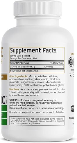 Bronson L-Lysine قوة إضافية 1000 ملغ لكل قرص، قوة عالية، دعم المناعة ويدعم تخليق الكولاجين، غير معدل وراثيًا، 100 قرص نباتي in Kuwait