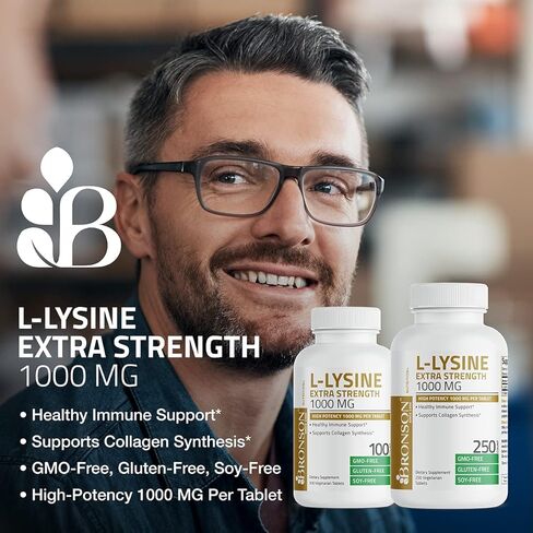 Bronson L-Lysine قوة إضافية 1000 ملغ لكل قرص، قوة عالية، دعم المناعة ويدعم تخليق الكولاجين، غير معدل وراثيًا، 100 قرص نباتي in Kuwait