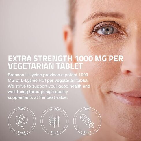 Bronson L-Lysine قوة إضافية 1000 ملغ لكل قرص، قوة عالية، دعم المناعة ويدعم تخليق الكولاجين، غير معدل وراثيًا، 100 قرص نباتي in Kuwait