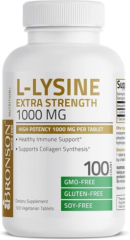 Bronson L-Lysine قوة إضافية 1000 ملغ لكل قرص، قوة عالية، دعم المناعة ويدعم تخليق الكولاجين، غير معدل وراثيًا، 100 قرص نباتي in Kuwait