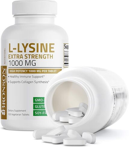 Bronson L-Lysine قوة إضافية 1000 ملغ لكل قرص، قوة عالية، دعم المناعة ويدعم تخليق الكولاجين، غير معدل وراثيًا، 100 قرص نباتي in Kuwait