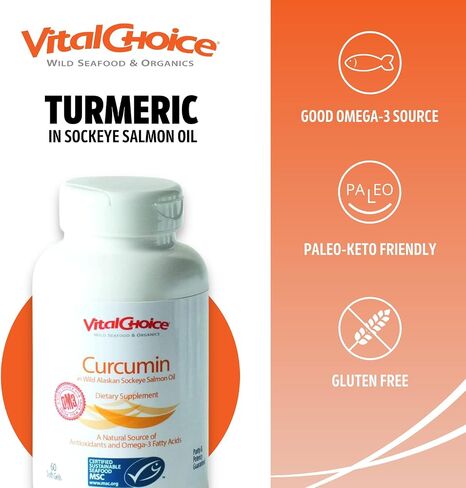Vital Choice Turmeric in Sockeye Salmon Oil, Easy to Absorb Curcumin, Omega 3 Fish Oil, Nutritional & Vitamin Supplements, Prenatal & Postnatal Vitamin, 500mg Soft Gels, 120 Count in Saudi Arabia
