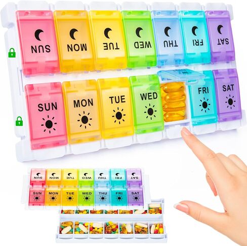 XL Large Pill Organizer 7 Day, Weekly Medicine Pill Box 2 Times a Day，Am Pm Pill Case Organizer 14 Compartments with Hinged Lids Design，Daily Box Pill Dispenser for Fish Oil/Supplements(Black) in Saudi Arabia