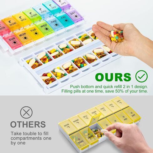 XL Large Pill Organizer 7 Day, Weekly Medicine Pill Box 2 Times a Day，Am Pm Pill Case Organizer 14 Compartments with Hinged Lids Design，Daily Box Pill Dispenser for Fish Oil/Supplements(Black) in Saudi Arabia