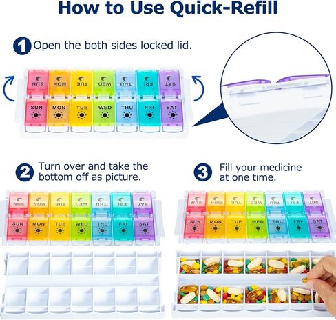 XL Large Pill Organizer 7 Day, Weekly Medicine Pill Box 2 Times a Day，Am Pm Pill Case Organizer 14 Compartments with Hinged Lids Design，Daily Box Pill Dispenser for Fish Oil/Supplements(Black) in Saudi Arabia