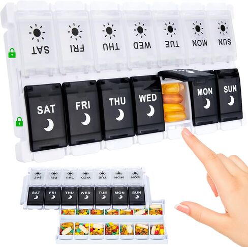XL Large Pill Organizer 7 Day, Weekly Medicine Pill Box 2 Times a Day，Am Pm Pill Case Organizer 14 Compartments with Hinged Lids Design，Daily Box Pill Dispenser for Fish Oil/Supplements(Black) in Saudi Arabia