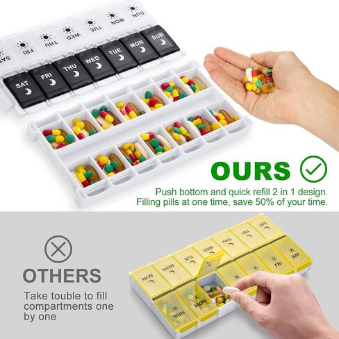 XL Large Pill Organizer 7 Day, Weekly Medicine Pill Box 2 Times a Day，Am Pm Pill Case Organizer 14 Compartments with Hinged Lids Design，Daily Box Pill Dispenser for Fish Oil/Supplements(Black) in Saudi Arabia