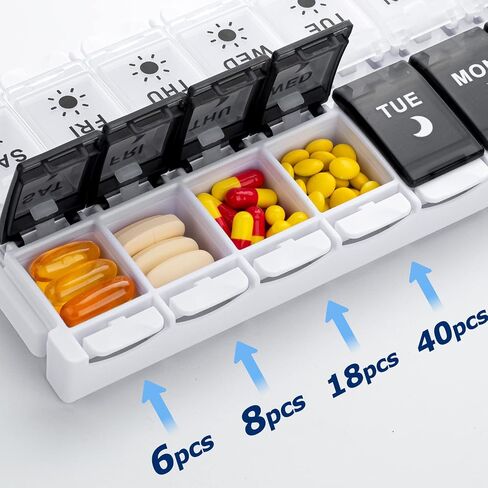 XL Large Pill Organizer 7 Day, Weekly Medicine Pill Box 2 Times a Day，Am Pm Pill Case Organizer 14 Compartments with Hinged Lids Design，Daily Box Pill Dispenser for Fish Oil/Supplements(Black) in Saudi Arabia