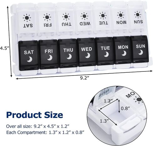 XL Large Pill Organizer 7 Day, Weekly Medicine Pill Box 2 Times a Day，Am Pm Pill Case Organizer 14 Compartments with Hinged Lids Design，Daily Box Pill Dispenser for Fish Oil/Supplements(Black) in Saudi Arabia