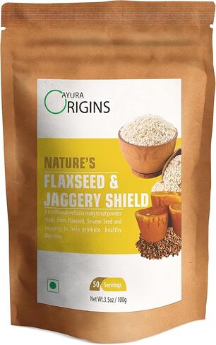 AYURA ORIGINS Nature's Flaxseed & Jaggery Shield (3.53 أونصة - 50 وجبة) - مكمل نباتي لتخفيف الغازات والتحكم في القولون العصبي - يدعم صحة الأمعاء والهضم in Saudi Arabia