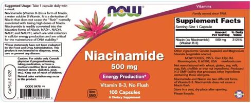 NOW Foods, Niacinamide (Vitamin B-3) 500 mg, Energy Production*, 250 Veg Capsules in Kuwait