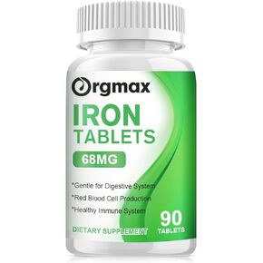 ORGMAX فيتامينات متعددة مع حديد 68 ملغ، مكمل حديد مع فيتامين C، B12 وحمض الفوليك، دعم الطاقة، إطلاق بطيء، فعالية عالية، لا غثيان أو إمساك، نباتي 90 قرصًا in Kuwait