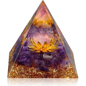 Orgone Crystal Pyramid for Positive Energy, Flower of Life Orgonite Amethyst Healing Crystals Pyramid for Reduce Stress Chakra Healing Meditation Attract Lucky, with 2 White Crystals Stones