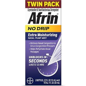 Afrin No Drip Extra Moisturizing Pump Nasal Mist Twin Pack, - Nasal Relief Spray For Nose Congestion and Nasal Relief, 1 Fluid Ounce Total (0.5 FL OZ Bottles) (Packaging May Vary) in Saudi Arabia