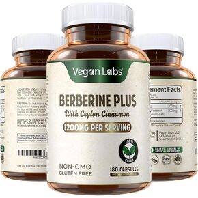Vegan Labs Berberine HCL 1200MG مع قرفة سيلان عضوية - 180 كبسولة نباتية - تدعم استقلاب الجلوكوز والجهاز المناعي in Kuwait