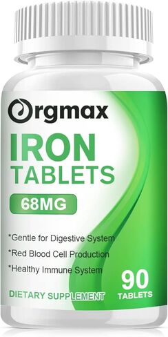 ORGMAX فيتامينات متعددة مع حديد 68 ملغ، مكمل حديد مع فيتامين C، B12 وحمض الفوليك، دعم الطاقة، إطلاق بطيء، فعالية عالية، لا غثيان أو إمساك، نباتي 90 قرصًا in Kuwait