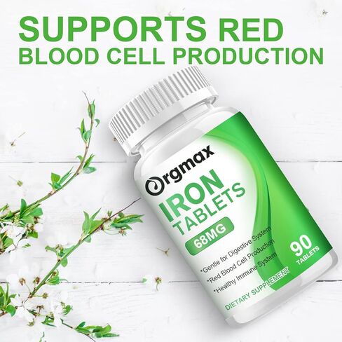 ORGMAX فيتامينات متعددة مع حديد 68 ملغ، مكمل حديد مع فيتامين C، B12 وحمض الفوليك، دعم الطاقة، إطلاق بطيء، فعالية عالية، لا غثيان أو إمساك، نباتي 90 قرصًا in Kuwait