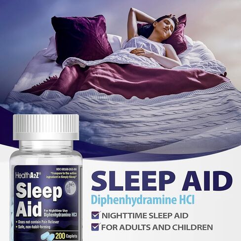 HealthA2Z Sleep Aid 200 Caplets | Diphenhydramine HCl 25mg | Regular Strength Sleeping Pills | Safe & Non-Habit-Forming in Saudi Arabia