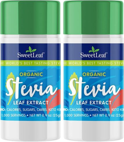 SweetLeaf Organic Stevia Powder Shaker Jar - Zero Calorie Stevia Sweetener, No Bitter Aftertaste, Plant-Based Sugar Substitute, Non-GMO Sweet Leaf Stevia, 0.9 Oz Ea (Pack of 2) in Kuwait