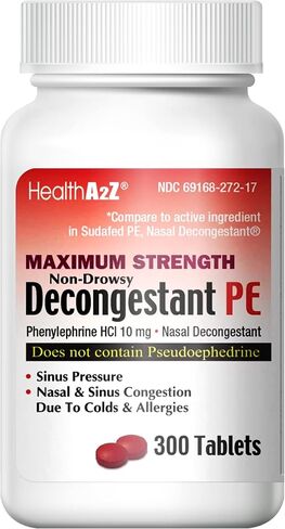 HealthA2Z® Decongestant PE | Phenylephrine HCl 10 mg | Maximum Strength | Non-Drowsy Nasal & Sinus Congestion Relief Due to Cold & Allergies (300 Count (Pack of 1)) in Kuwait