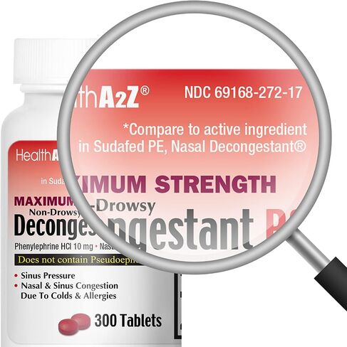 HealthA2Z® Decongestant PE | Phenylephrine HCl 10 mg | Maximum Strength | Non-Drowsy Nasal & Sinus Congestion Relief Due to Cold & Allergies (300 Count (Pack of 1)) in Kuwait