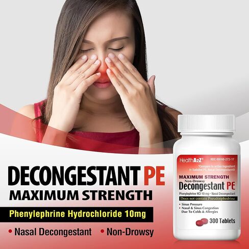 HealthA2Z® Decongestant PE | Phenylephrine HCl 10 mg | Maximum Strength | Non-Drowsy Nasal & Sinus Congestion Relief Due to Cold & Allergies (300 Count (Pack of 1)) in Kuwait