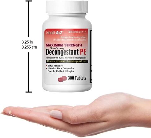 HealthA2Z® Decongestant PE | Phenylephrine HCl 10 mg | Maximum Strength | Non-Drowsy Nasal & Sinus Congestion Relief Due to Cold & Allergies (300 Count (Pack of 1)) in Kuwait