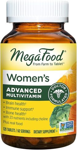 الفيتامينات المتعددة المتقدمة للسيدات من MegaFood - تم تركيبها بواسطة الطبيب بالحديد والكولين وفيتامين D وفيتامين C والزنك - صحة الدماغ - دعم المناعة - غير معدلة وراثيًا - نباتي - 120 قرصًا (60 حصة) in Kuwait